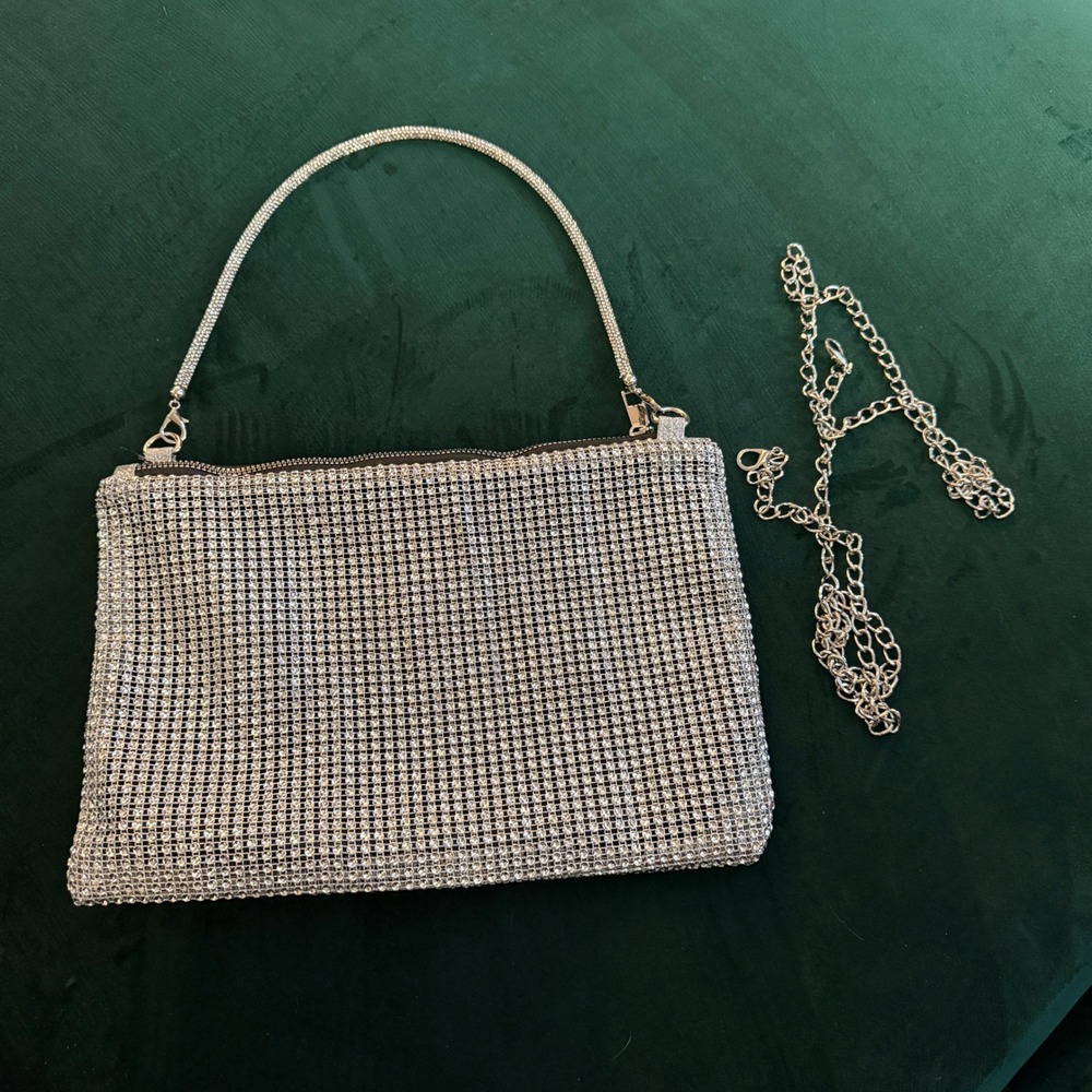 Silver Faceted Metal Mesh Shoulder Bag Dual Strap Y2K